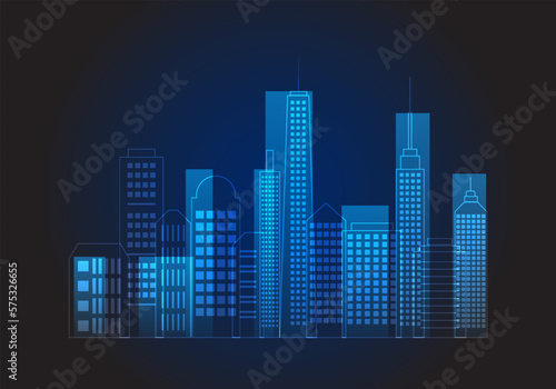 Vector illustration of a modern city skyline on a dark blue background.
