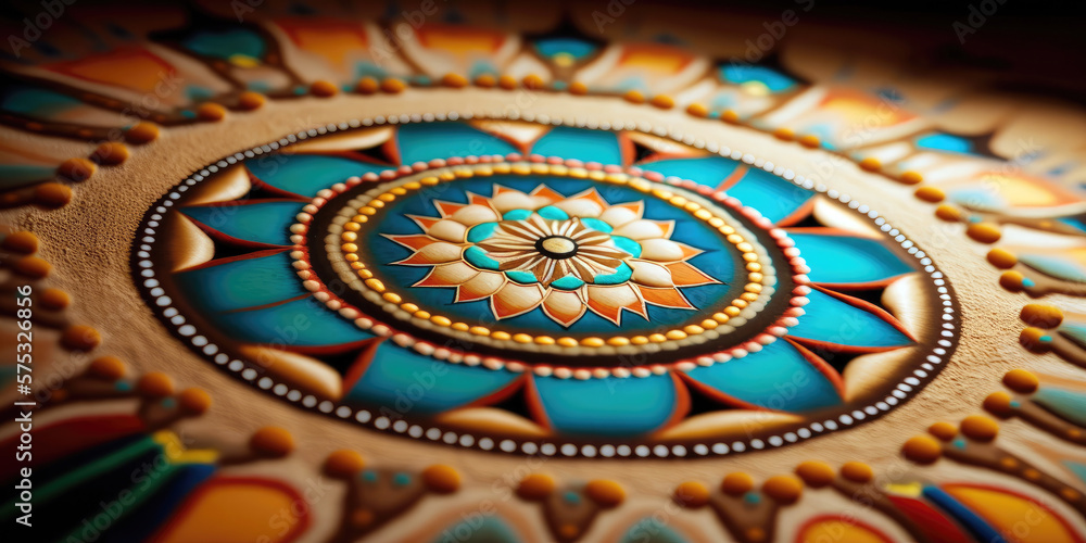 Intricate Navajo Sand Painting at Healing Ceremony in Arizona (created with Generative AI)