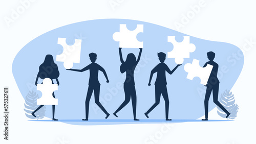 Silhouettes of people holding jigsaw puzzle elements. cooperation. Teamwork and unity. vector illustration