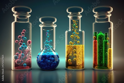 Chemical and pharmaceutical glass vials and vials of medicine. Perspectives on the development of chemistry and pharmacy throughout time. Synthetic chemicals like sulfamerazine, arsenic trioxide, quin photo
