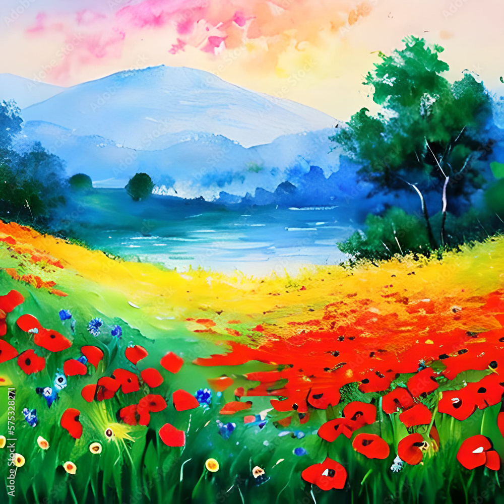 Impressionism landscape scene paint meadows filled with multicolor wildflower poppies. AI generated illustration.