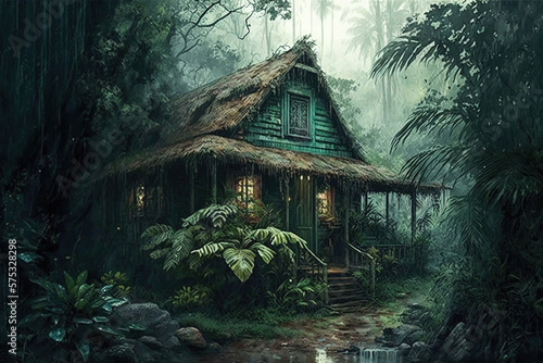 cottage hidden deep inside forest. Generative Ai