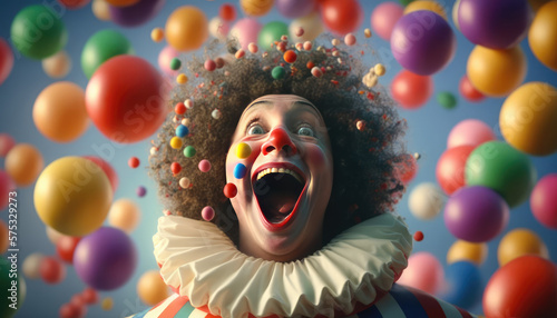 A fictional person, Joyful Clown Portrait with Candy Background - a colorful and whimsical wallpaper background featuring a portrait of a joyful clown with floating candies in the air