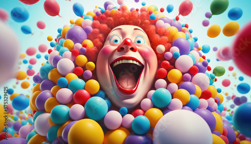 A fictional person, Joyful Clown Portrait with Candy Background - a colorful and whimsical wallpaper background featuring a portrait of a joyful clown with floating candies in the air