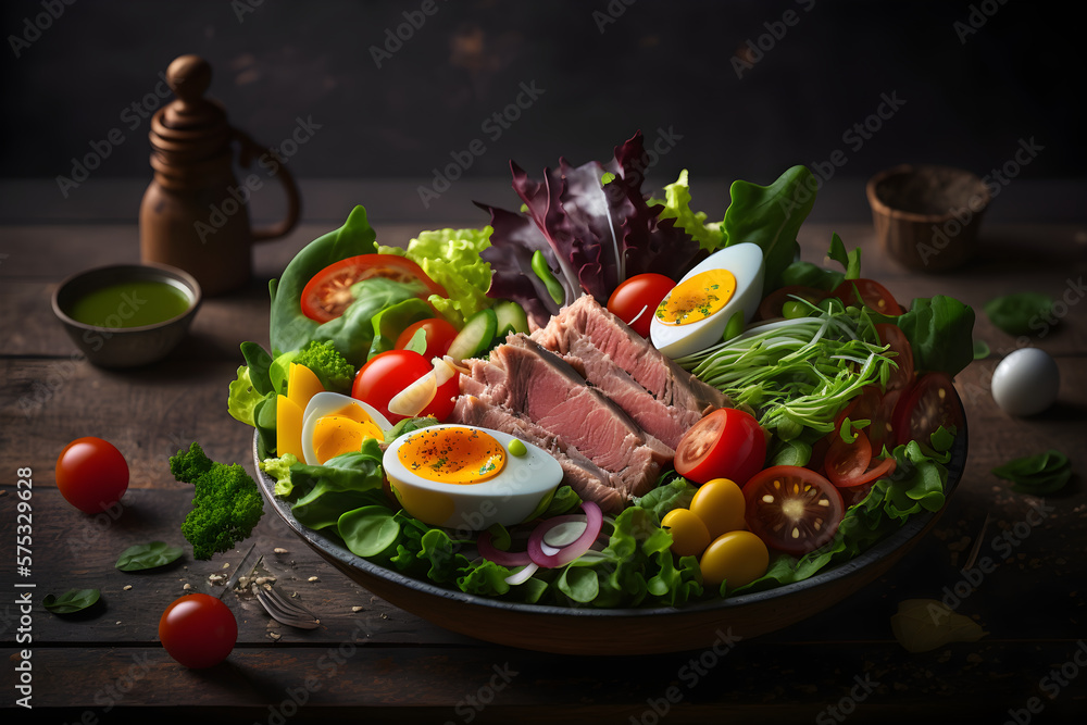 Breakfast eggs with bacon and tomatoes toast bread top view on a wooden background copy space, Breakfast eggs with bacon and tomatoes toast bread top view on a wooden background, Generative AI