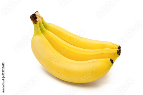 Three fresh bananas isolated on white. Fresh yellow bananas.