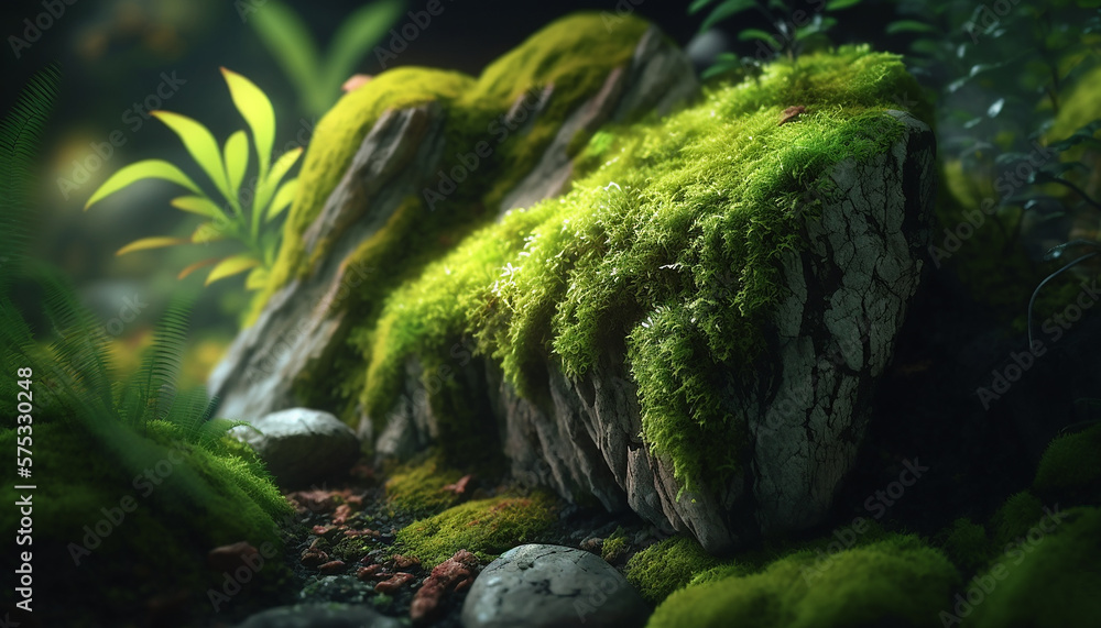 green moss in the forest on a stone. Generative AI green moss in the forest on a stone. Generative AI