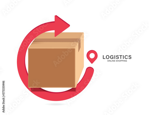 red arrow rotates around parcel box or carton box to represent recycling of paper or to signify that parcel box is being returned to sender