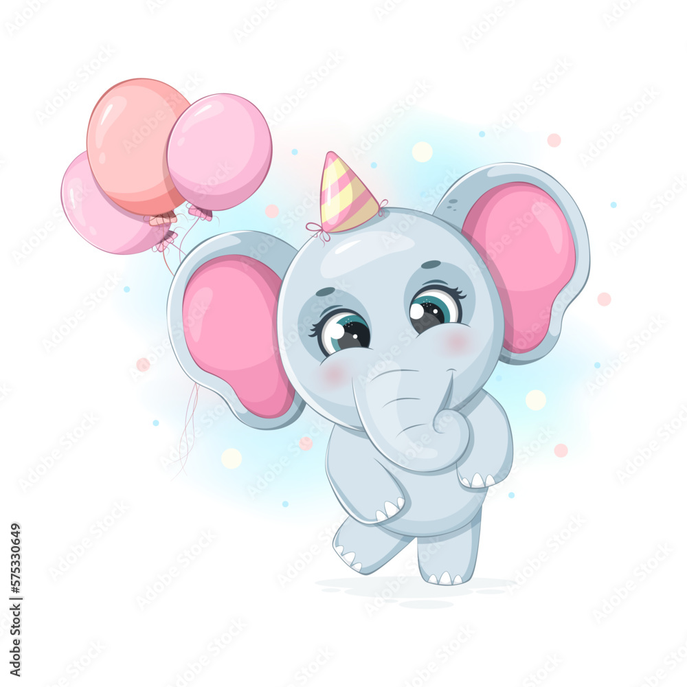 Obraz premium Cute cartoon elephant with balloons. Happy Birthday