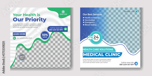 Medical and health care services social media post template design collection romotion square flyer template Vector
