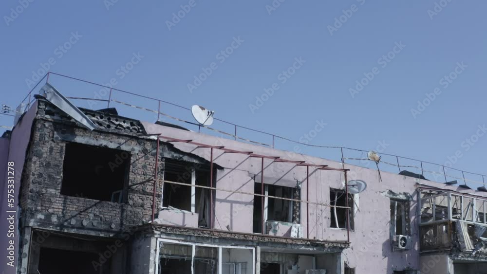 Ruins of house, damaged by shelling, Russian attack. Destruction caused by war in Ukraine, collapsed building. Bakhmut. Aerial. Ruins of house, damaged by shelling, Russian attack. Destruction caused by war in Ukraine, collapsed building. Bakhmut. Aerial.