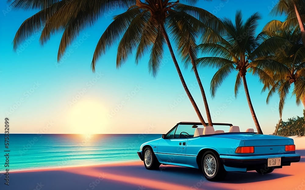 Retro car from the 90s with a view of the ocean and palm trees, travel concept, vacation, polaroid effect, generative ai	