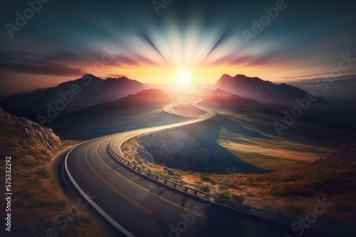 Empty, winding, mountain road leading to the horizon at sunset during a beautiful summer day speed motion blur effect. Generative AI