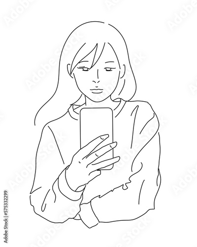 挿絵などに使えそうな　リラックスタイムにスマホでニュースなどをチェックする女性