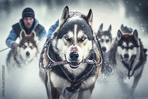 Sled dogs huskys pulling their musher. Sled dogs racing. Husky with sleds High quality illustration.