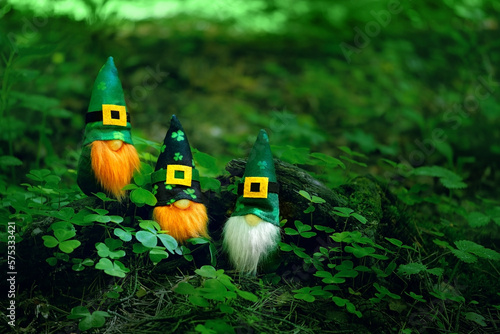 Fotografija toy irish gnomes in mystery forest, abstract green natural background