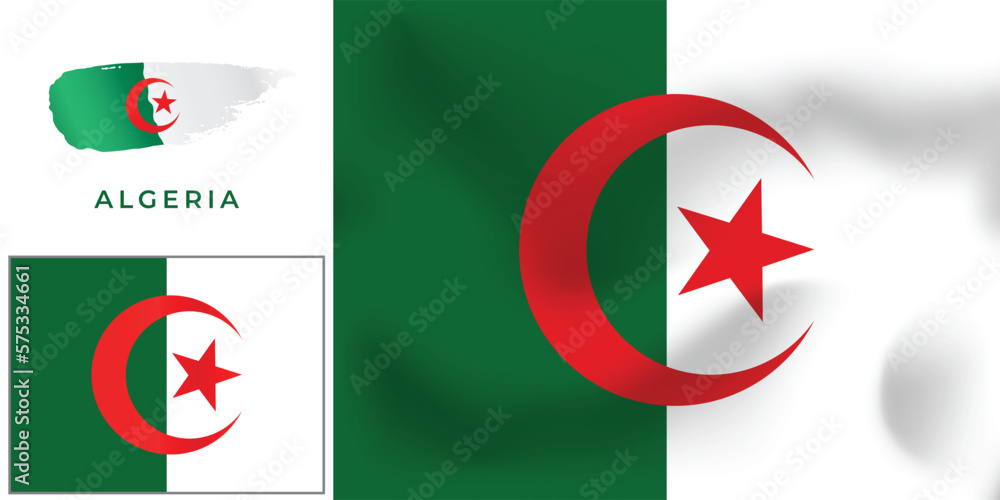 National flag of Algeria with map. Realistic pictures flag National flag of Algeria with map. Realistic pictures flag