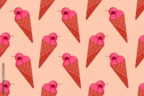 Seamless pattern with ice cream in waffle cone with cherry. Wallpaper and bed linen print.