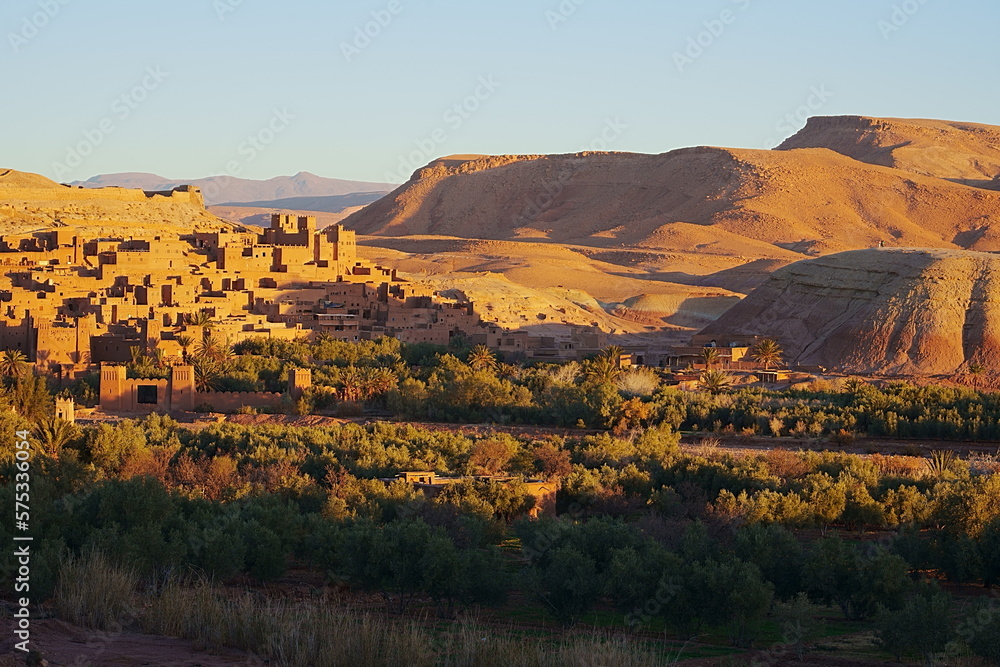 Panoramic kasbah Ait Ben Haddou at Atlas Mountains in Morocco