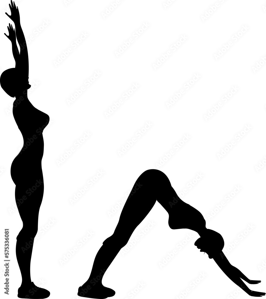 The girl does sports exercises. The girl stands with her hands up. The girl bent down and touched the ground with her hands. cartoon. Silhouette.