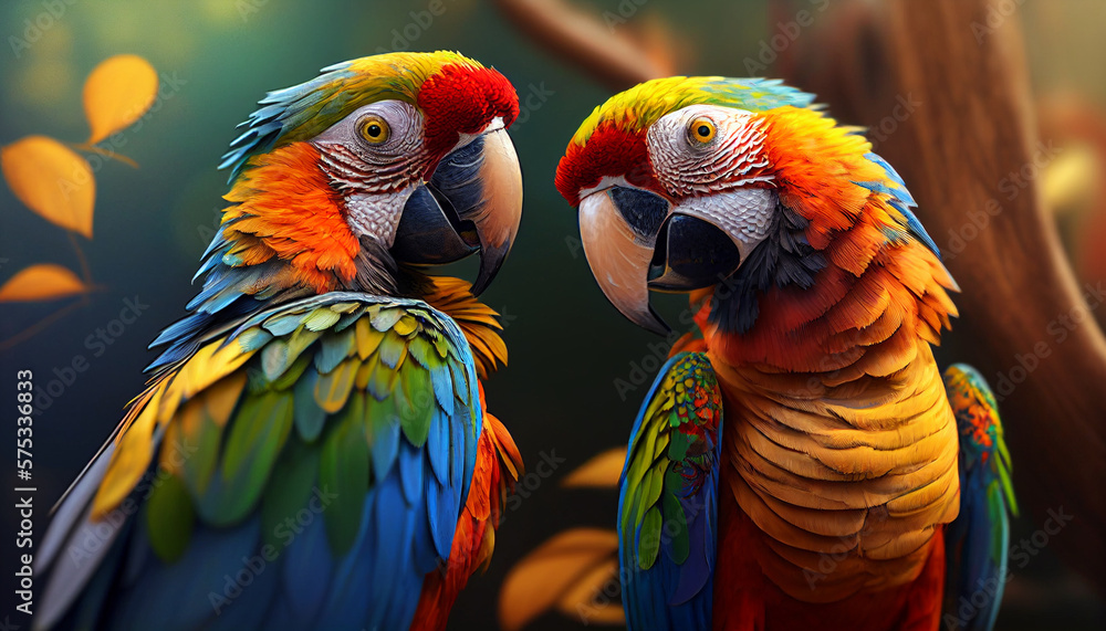Fototapeta premium Bright parrots on a branch in a tropical forest