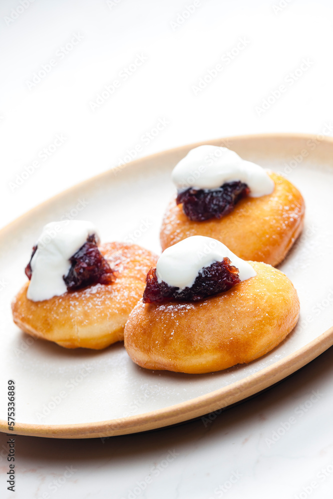 fried muffins with plum jam and sour cream fried muffins with plum jam and sour cream