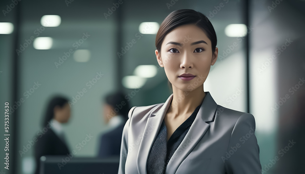 Smart working woman with a business suit is standing and posting in front of a blur office environment background created with generative AI technology Smart working woman with a business suit is standing and posting in front of a blur office environment background created with generative AI technology