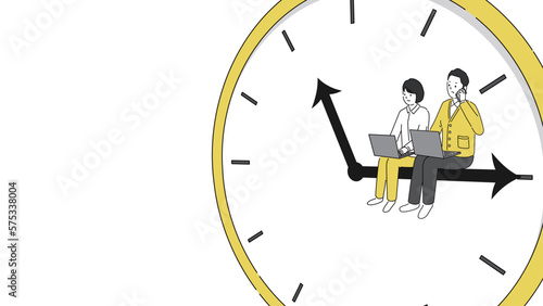 時計の針に座り仕事するビジネスマンのイラスト、左側にコピースペース、ベクター