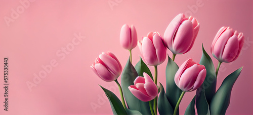 Spring tulip flowers on pink background top view in flat lay style. Greeting for Womens or Mothers Day or Spring Sale Banner. Generative Ai. © ckybe