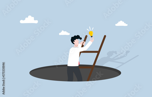 Gaining new knowledge from solving problem, learning from career mistake to improve skills and achieve better result next time concept, Businessman climbing out of hole and holding idea light bulb. 