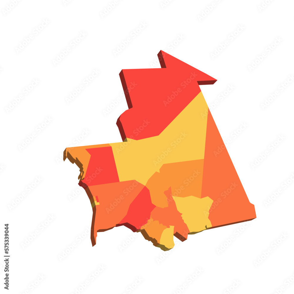 Mauritania political map of administrative divisions - regions and Nouakchott departments. Map with labels. Mauritania political map of administrative divisions - regions and Nouakchott departments. Map with labels.