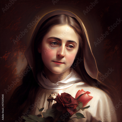 St. Therese of Lisieux art painting illustration. Generative Ai. photo