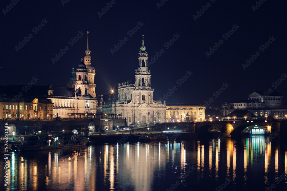 Historical center of Dresden at night and river Elbe