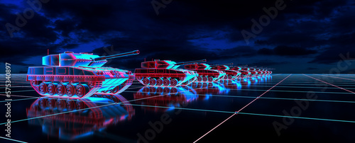 a neon glowing tank in a digital world (3d rendering)