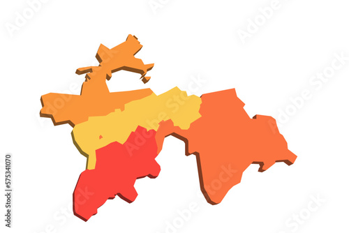 Tajikistan political map of administrative divisions - regions, autonomous region of Gorno-Badakhshan, districts of Republican Subordination and capital city of Dushanbe. Map with labels.