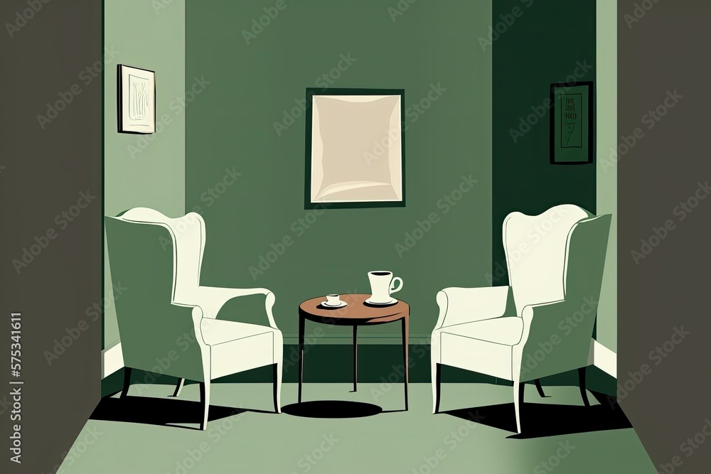 There are two identical green armchairs in this room. Furniture for use in psychotherapy sessions, specifically armchairs. Napkin dispenser, vase, and tabletop required. Psychological consultations ca There are two identical green armchairs in this room. Furniture for use in psychotherapy sessions, specifically armchairs. Napkin dispenser, vase, and tabletop required. Psychological consultations ca