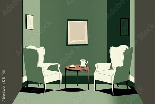 There are two identical green armchairs in this room. Furniture for use in psychotherapy sessions, specifically armchairs. Napkin dispenser, vase, and tabletop required. Psychological consultations ca © 2rogan