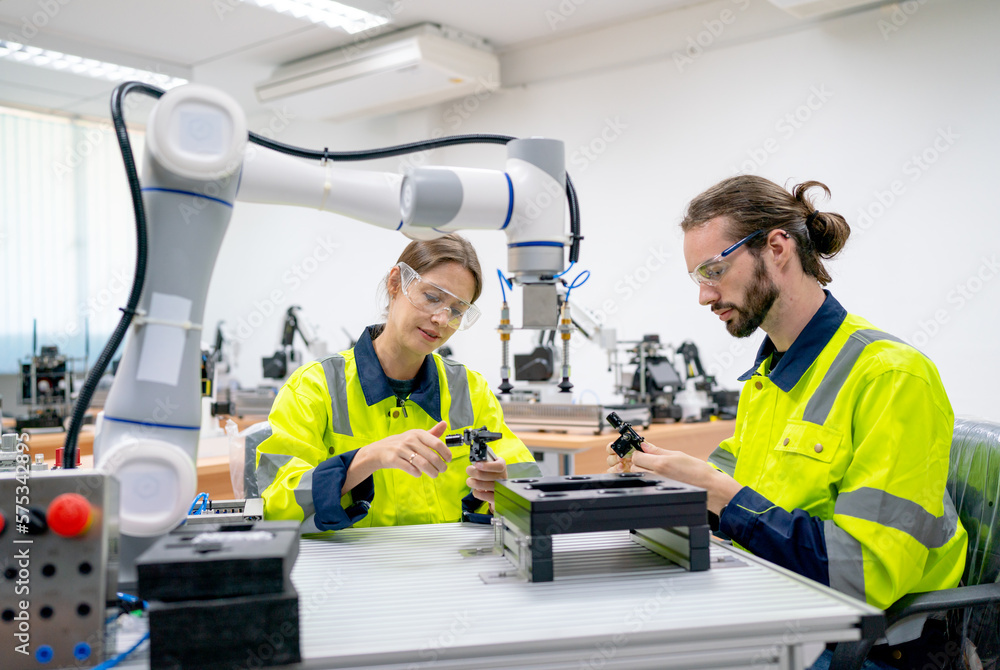 Two Caucasian professional technician or engineer workers sit in workplace and help to check and work with quality control the robotic arm machine in factory together and look happy during work. Two Caucasian professional technician or engineer workers sit in workplace and help to check and work with quality control the robotic arm machine in factory together and look happy during work.