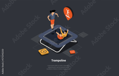 Recreation, Spending Time Together Concept. Characters Young Boy And Girl, Brother And Sister Bouncing on Trampoline. Summer Leisure Time Activity And Having Fun. Isometric 3d Vector Illustration