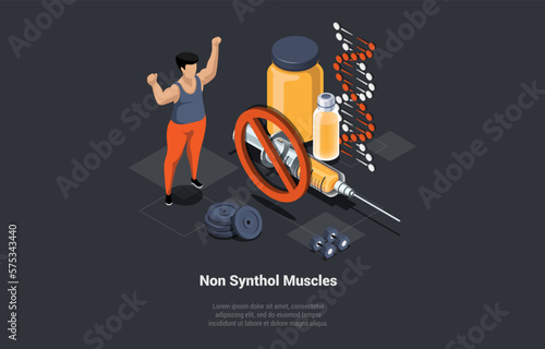 Concept Of Healthy Lifestyle And Bodybuilding. Male Character Doing Sport In Gym Without Synthol Injections. Character Use Dumbbells For Natural Muscle Growth. Isometric 3d Cartoon Vector Illustration