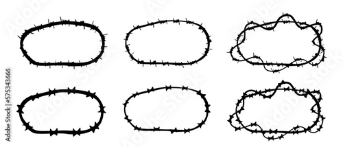 vector oval frame barbed wired, set 6 hand draw sketch