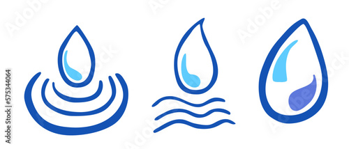 vector doodle set 3 blue waterdrop and wave, isolated on white