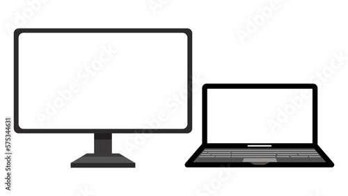Computer laptop with external display on white background in flat design