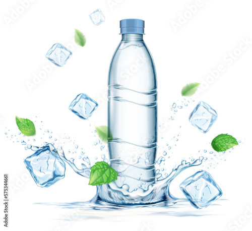 Transparent realistic vector plastic bottle with water splash and mint leaves and ice cubes on light background
