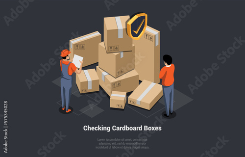Warehouse, Garage Rental And Self Storage Unit Concept. Characters Are Working In Warehouse With Cardboard Boxes. Employee Checking The Product With Barcode Scanner. Isometric 3D Vector Illustration