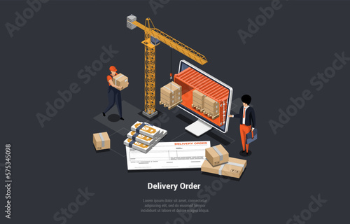 Global Logistics Business. Cargo, Transportation And Courier Delivery. Customer Receives Parcel By Delivery Order. Employee Controls Unoading Process At Terminal. Isometric 3d Vector Illustration