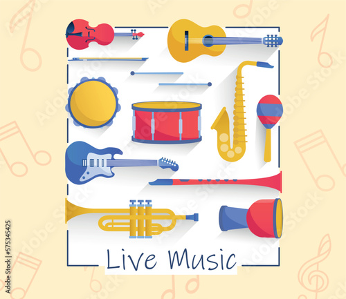 Musical instruments banner. Live music, trumpet, violin, acoustic and electric guitars, drums, saxophone and flute. Percussion and wind instruments, symphony. Cartoon flat vector illustration