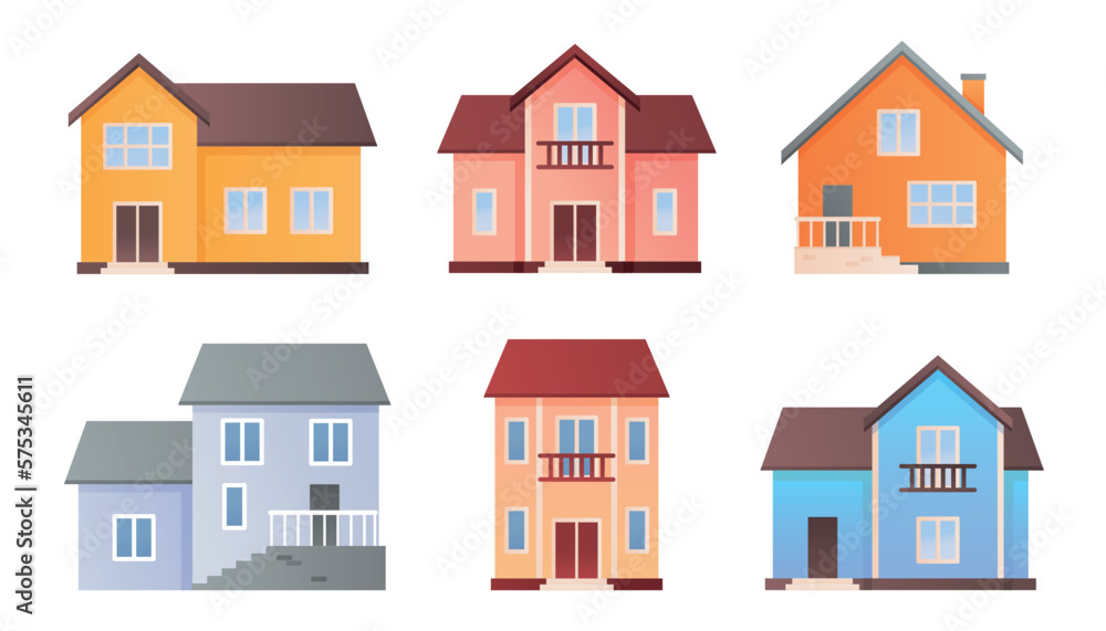 Private houses set. Collection of graphic elements for website. Real estate and urban buildings, architecture, facade and exterior. Cartoon flat vector illustrations isolated on white background