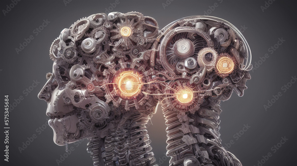 mechanical human brain made of cogs and gears and wires, highly
