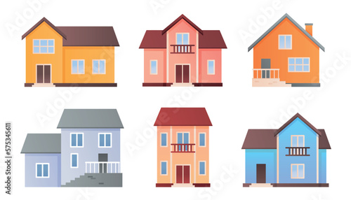 Private houses set. Collection of graphic elements for website. Real estate and urban buildings, architecture, facade and exterior. Cartoon flat vector illustrations isolated on white background